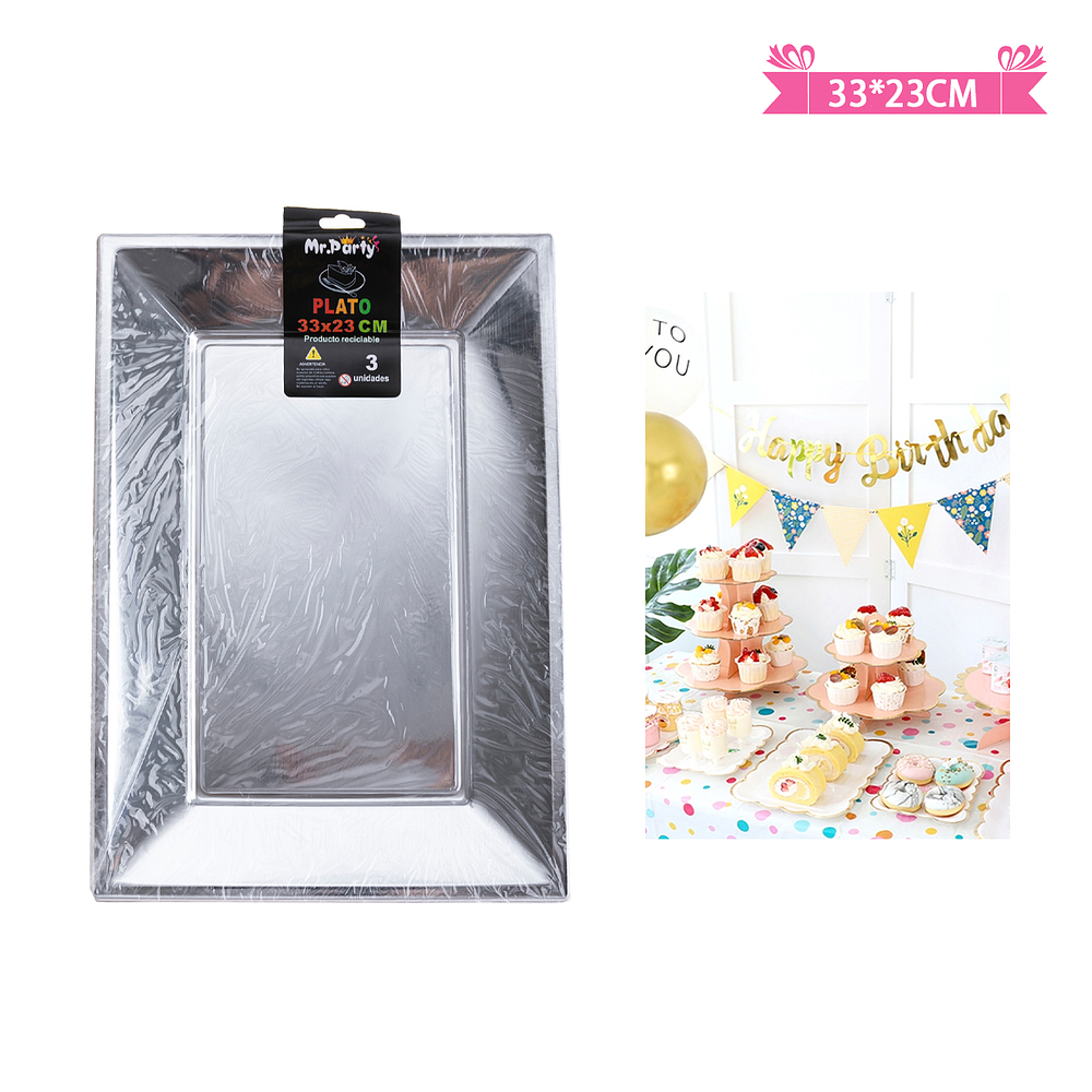  Bandejas plásticas rectangular plateadas 23*33cm 3pcs