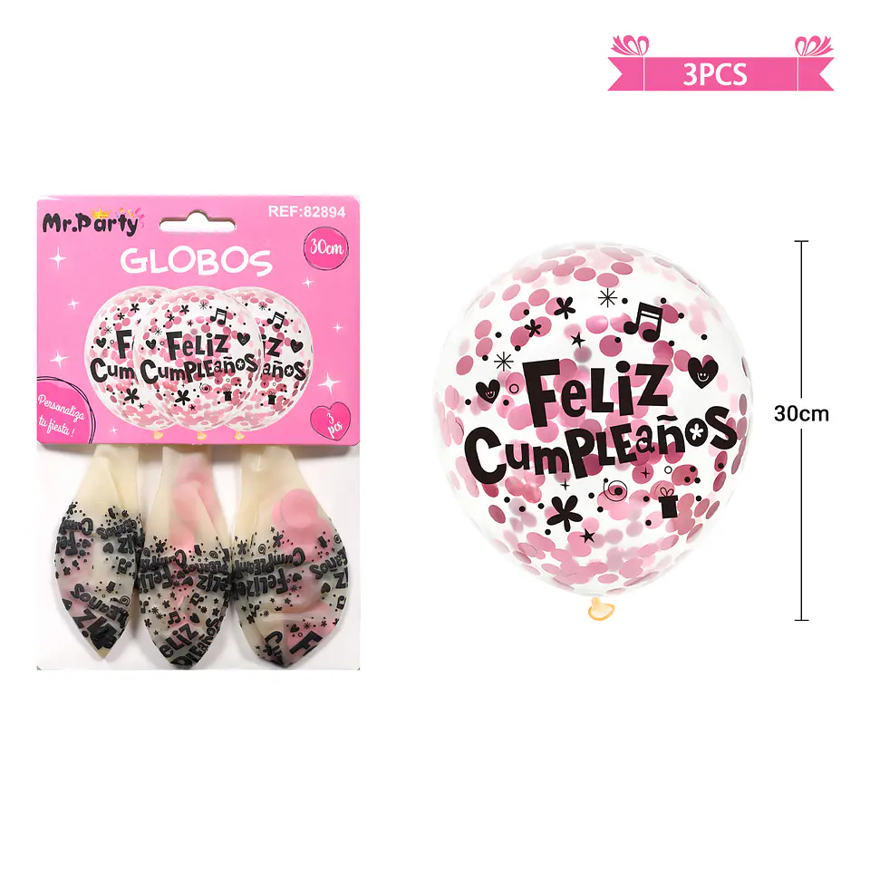 Globos de látex con confetti redondo rosado feliz cumpleaños 30cm 3pcs 2