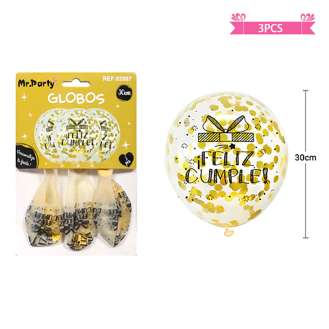 Globos de látex con confetti redondo dorado feliz cumpleaños 30cm 3pcs
