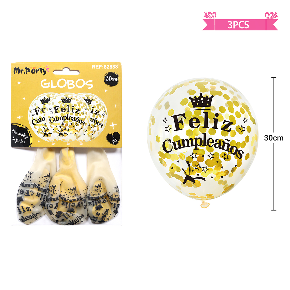 Globos de látex con confetti redondo dorado feliz cumpleaños 30cm 3pcs