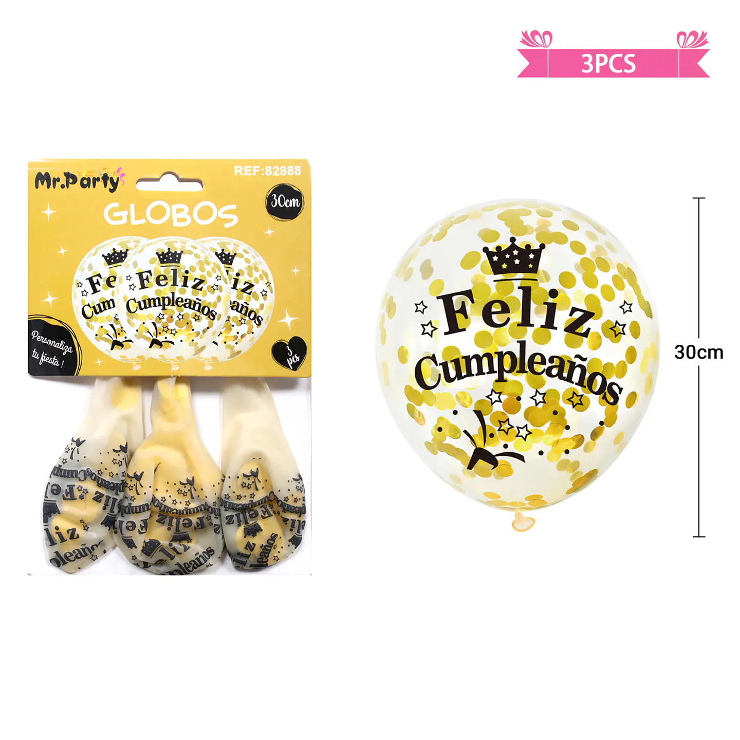 Globos de látex con confetti redondo dorado feliz cumpleaños 30cm 3pcs 2