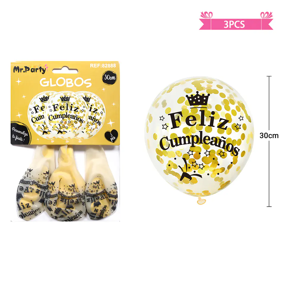 Globos de látex con confetti redondo dorado feliz cumpleaños 30cm 3pcs 2