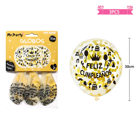Globos de látex con confetti redondo dorado feliz cumpleaños 30cm 3pcs