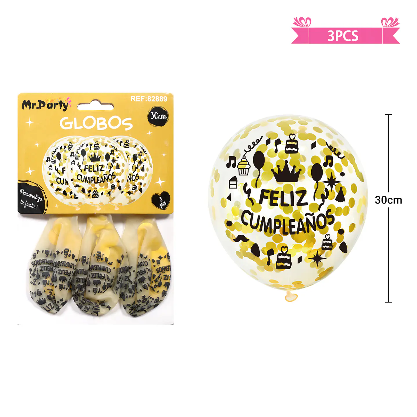 Globos de látex con confetti redondo dorado feliz cumpleaños 30cm 3pcs 2
