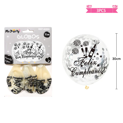 Globos de látex con confetti redondo plateado feliz cumpleaños 30cm 3pcs