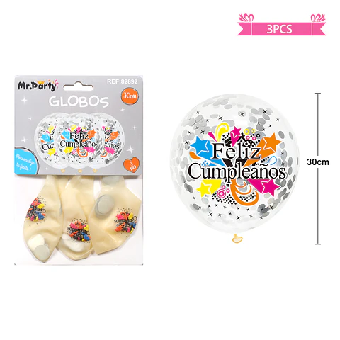 Globos de látex con confetti redondo plateado feliz cumpleaños 30cm 3pcs