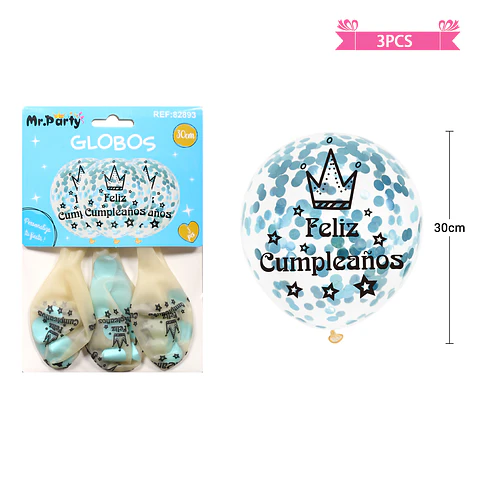 Globos de látex con confetti redondo azul feliz cumpleaños 30cm 3pcs