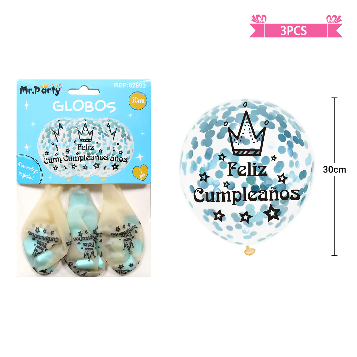 Globos de látex con confetti redondo azul feliz cumpleaños 30cm 3pcs 2