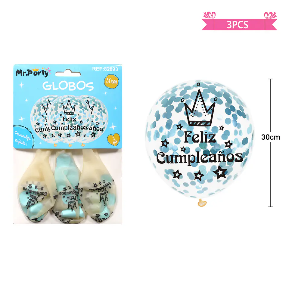 Globos de látex con confetti redondo azul feliz cumpleaños 30cm 3pcs 2