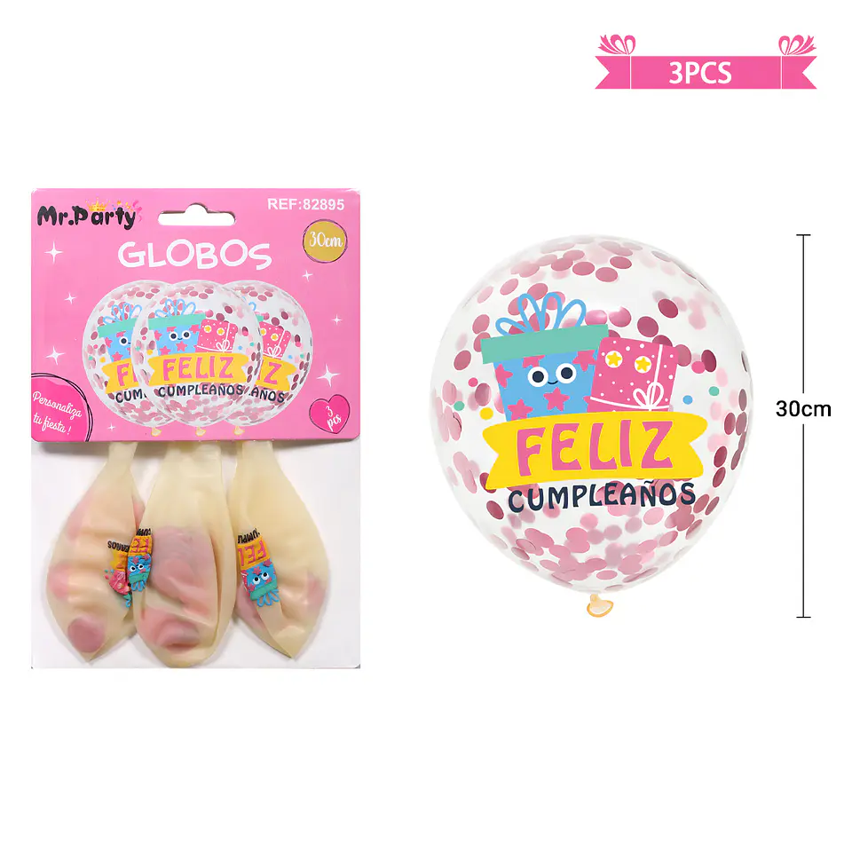 Globos de látex con confetti redondo rosado feliz cumpleaños 30cm 3pcs 2