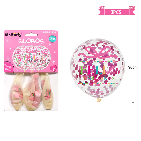 Globos de látex con confetti redondo rosado feliz cumpleaños 30cm 3pcs