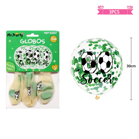 Globos de látex con confetti redondo verde fútbol 30cm 3pcs