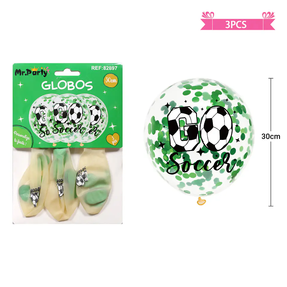 Globos de látex con confetti redondo verde fútbol 30cm 3pcs 2