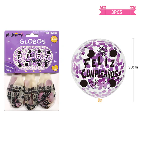 Globos de látex con confetti redondo morado feliz cumpleaños 30cm 3pcs