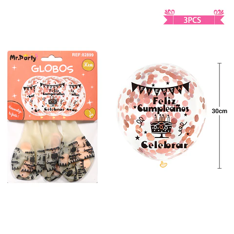 Globos de látex con confetti redondo rosa champagne feliz cumpleaños 30cm 3pcs