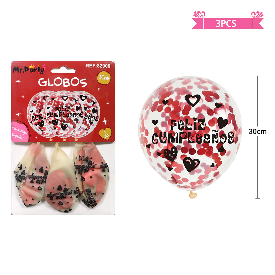 Globos de látex con confetti redondo rojo feliz cumpleaños 30cm 3pcs 2