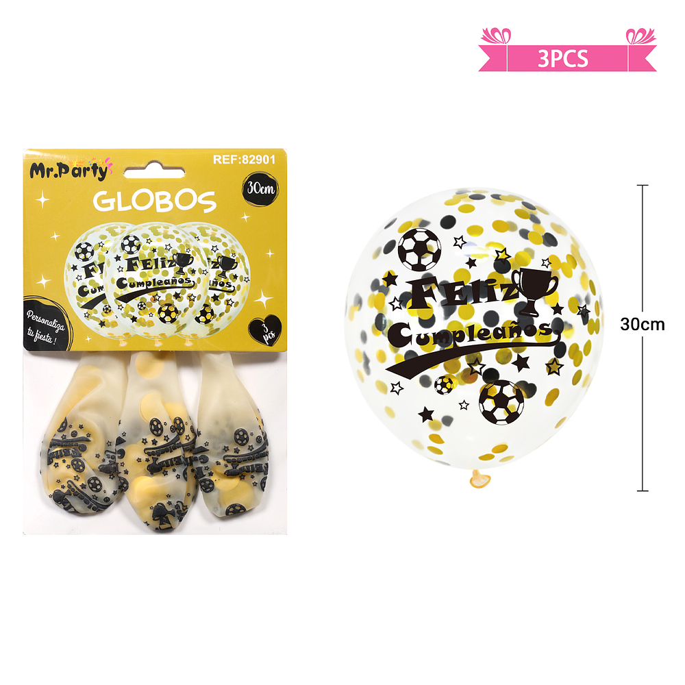 Globos de látex con confetti redondo dorado y negro feliz cumpleaños 30cm 3pcs