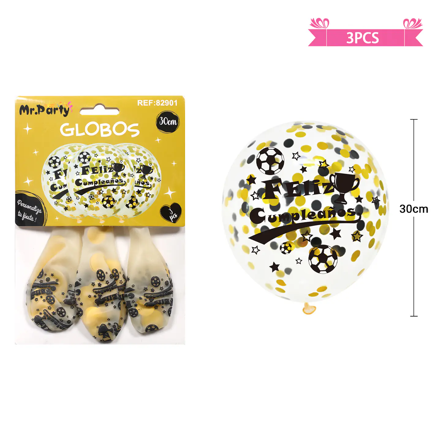 Globos de látex con confetti redondo dorado y negro feliz cumpleaños 30cm 3pcs 2