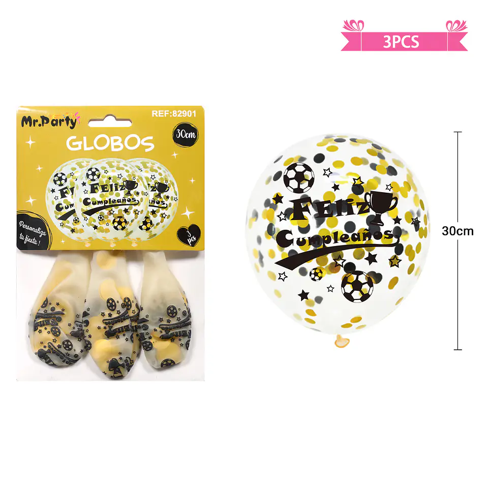 Globos de látex con confetti redondo dorado y negro feliz cumpleaños 30cm 3pcs 2
