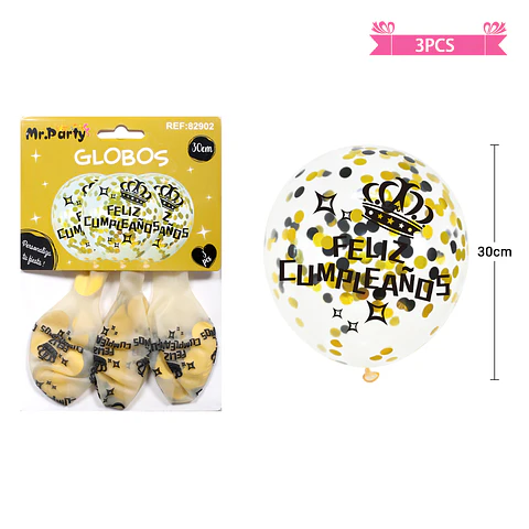 Globos de látex con confetti redondo dorado feliz cumpleaños 30cm 3pcs