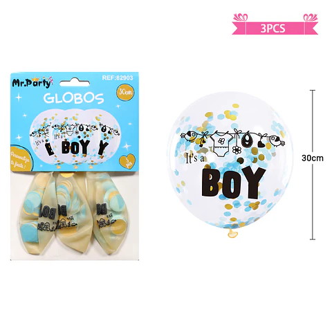 Globos de látex con confetti redondo dorado y azul baby shower 30cm 3pcs