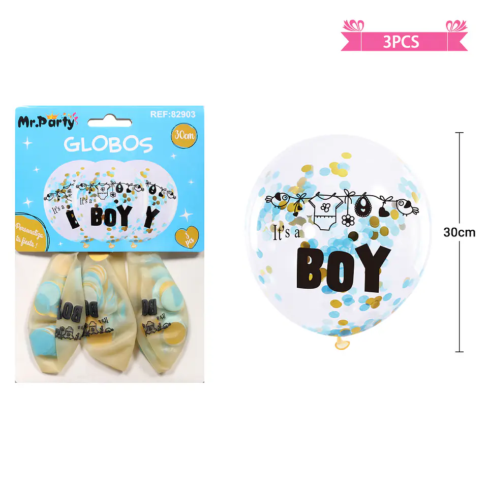 Globos de látex con confetti redondo dorado y azul baby shower 30cm 3pcs 1