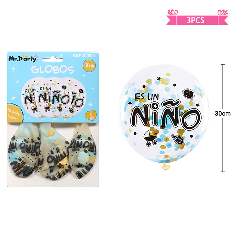 Globos de látex con confetti redondo dorado y azul baby shower 30cm 3pcs