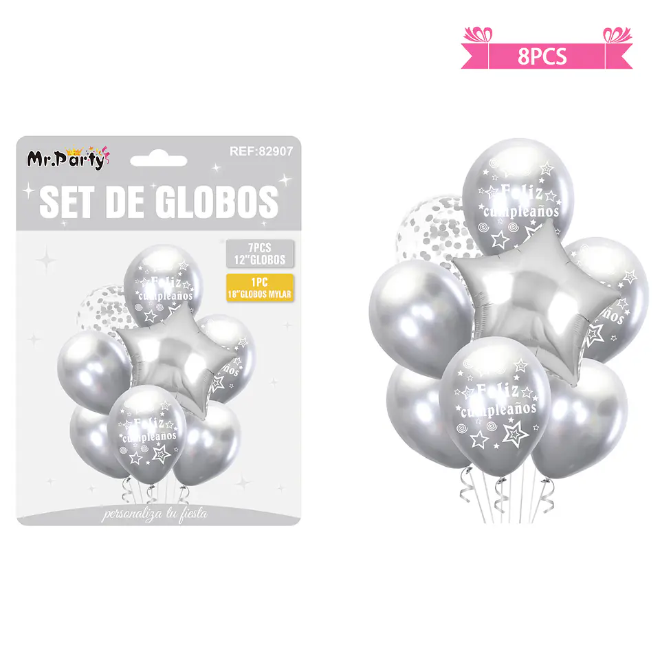 Set de globos metálico plateado feliz cumpleaños 8pcs 2