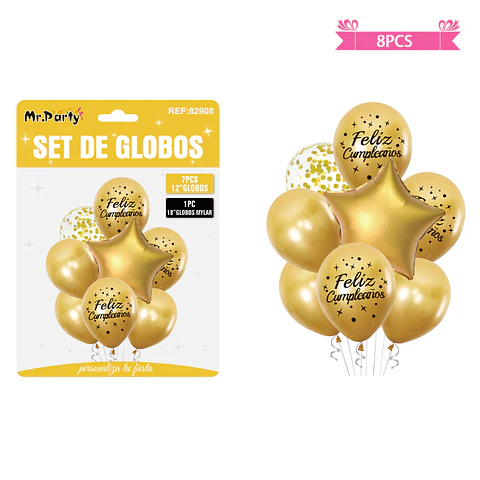 Set de globos metálico dorado feliz cumpleaños 8pcs