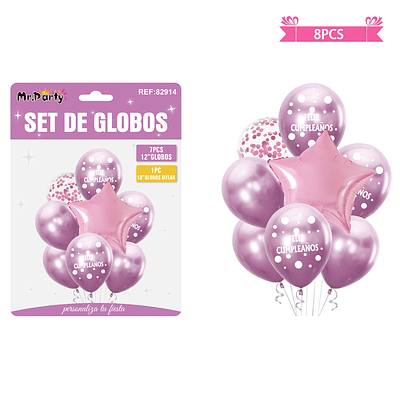 Set de globos metálico rosado feliz cumpleaños 8pcs