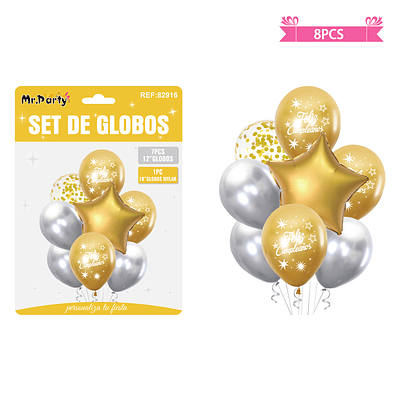 Set de globos metálico dorado y plateado feliz cumpleaños 8pcs