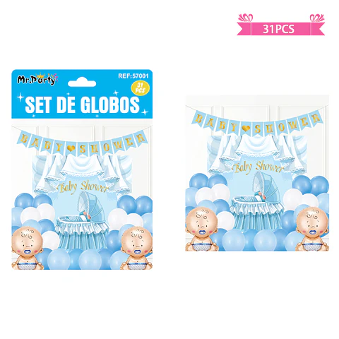 Set de globos látex y guirnalda baby shower celeste 31pcs