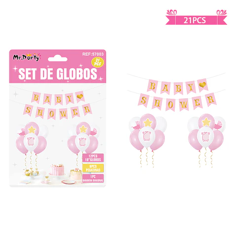 Set de globos látex y guirnalda baby shower rosado 21pcs