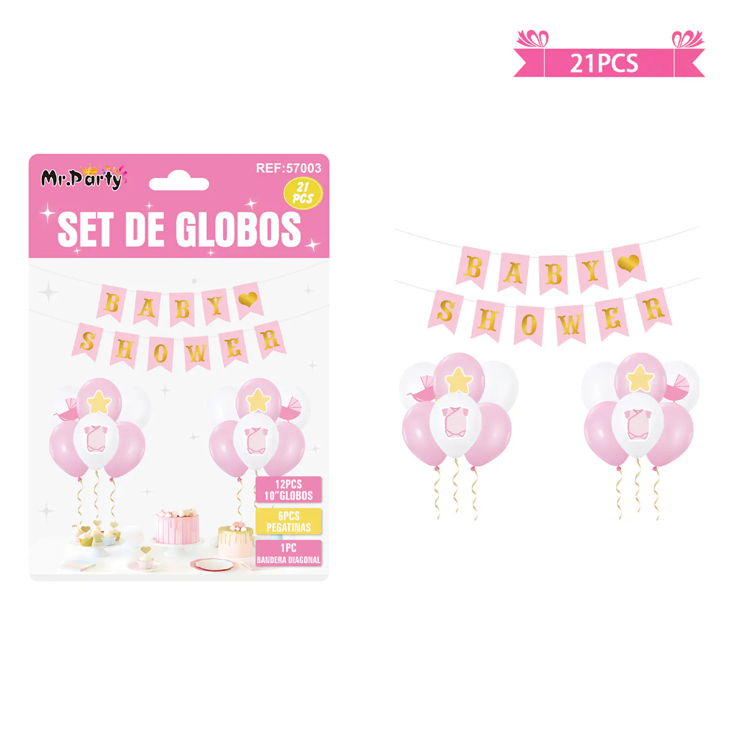 Set de globos látex y guirnalda baby shower rosado 21pcs 1