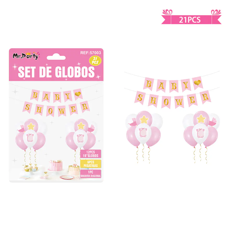 Set de globos látex y guirnalda baby shower rosado 21pcs 1