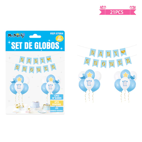 Set de globos látex y guirnalda baby shower celeste 21pcs