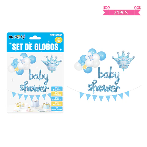 Set de globos látex y guirnalda baby shower celeste 21pcs