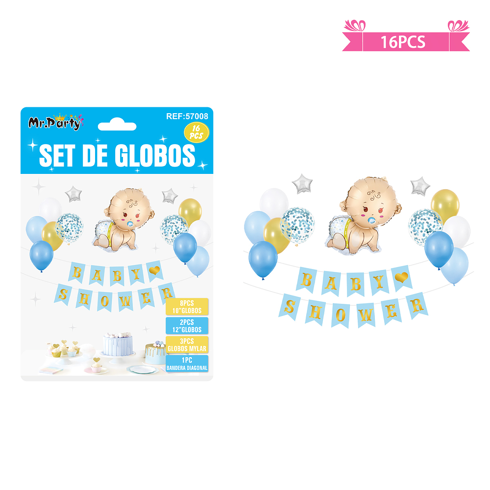 Set de globos látex y guirnalda baby shower celeste 16pcs