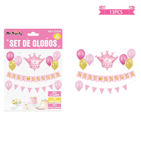 Set de globos látex y guirnalda baby shower rosado 13pcs