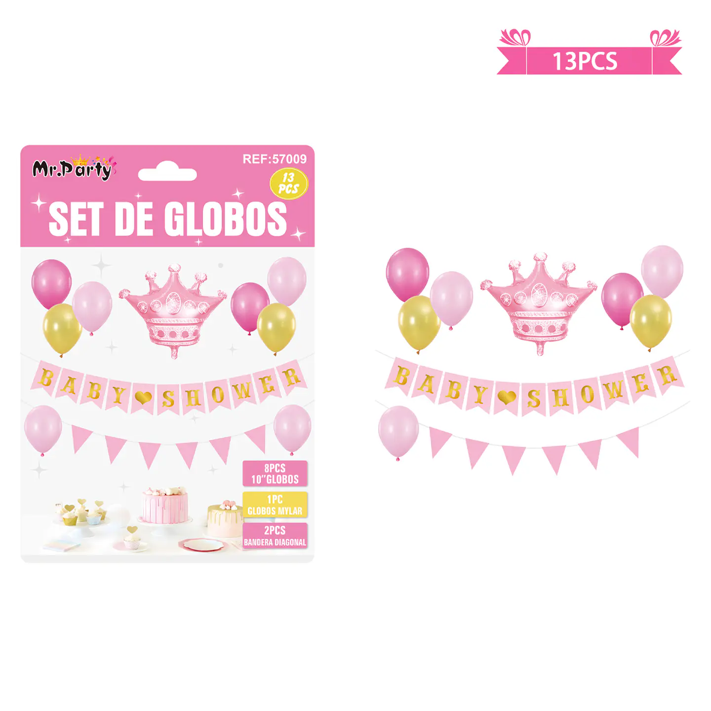 Set de globos látex y guirnalda baby shower rosado 13pcs 1