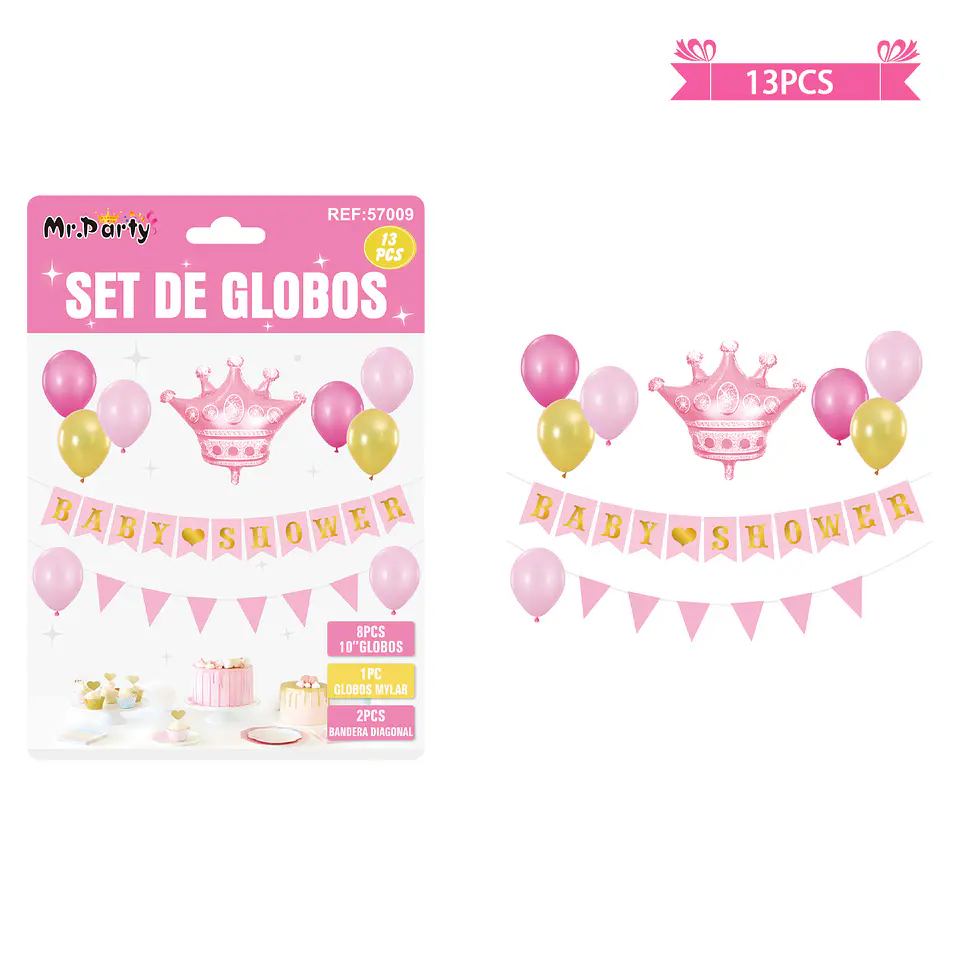 Set de globos látex y guirnalda baby shower rosado 13pcs 1