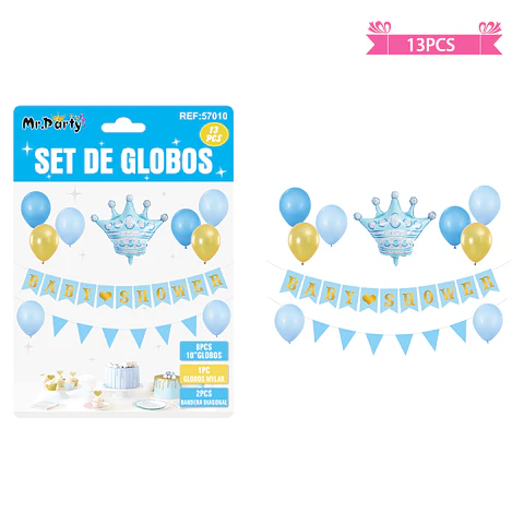 Set de globos látex y guirnalda baby shower celeste 13pcs