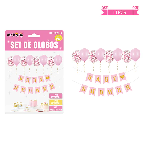 Set de globos látex y guirnalda baby shower rosado 11pcs