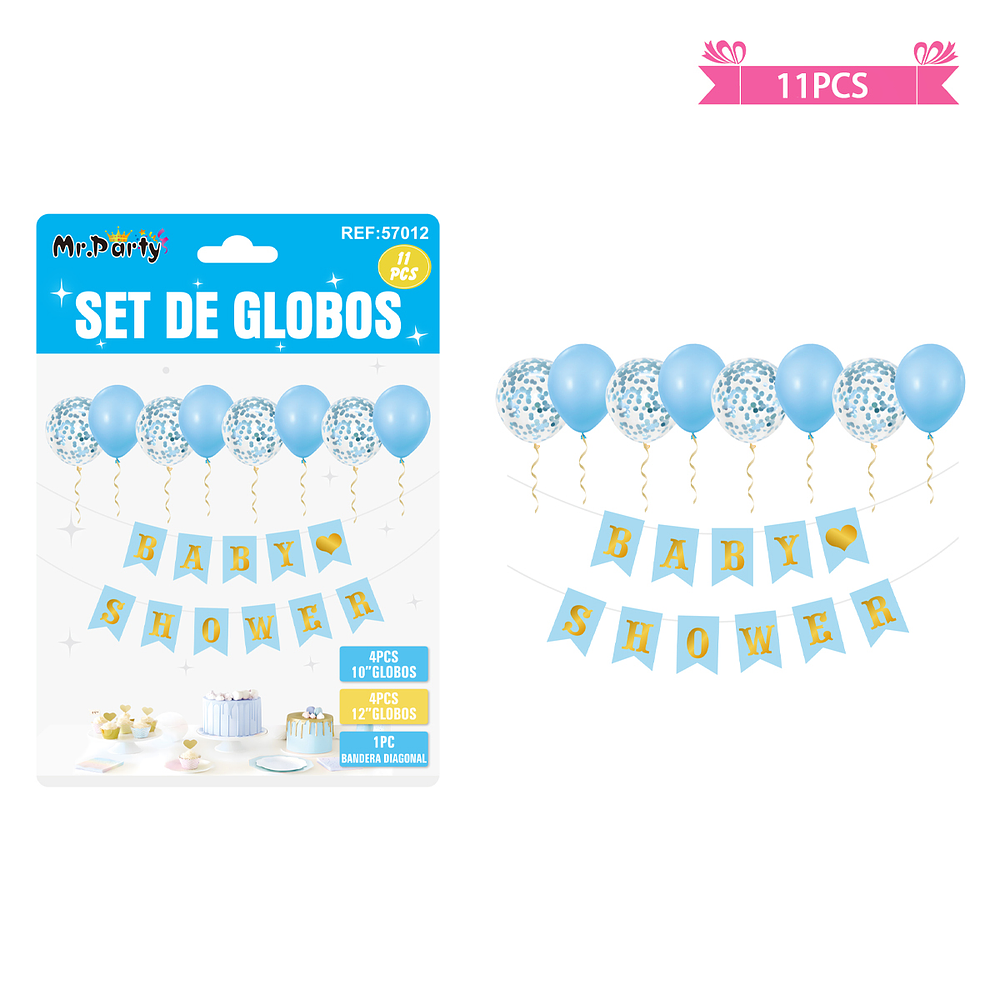 Set de globos látex y guirnalda baby shower celeste 11pcs