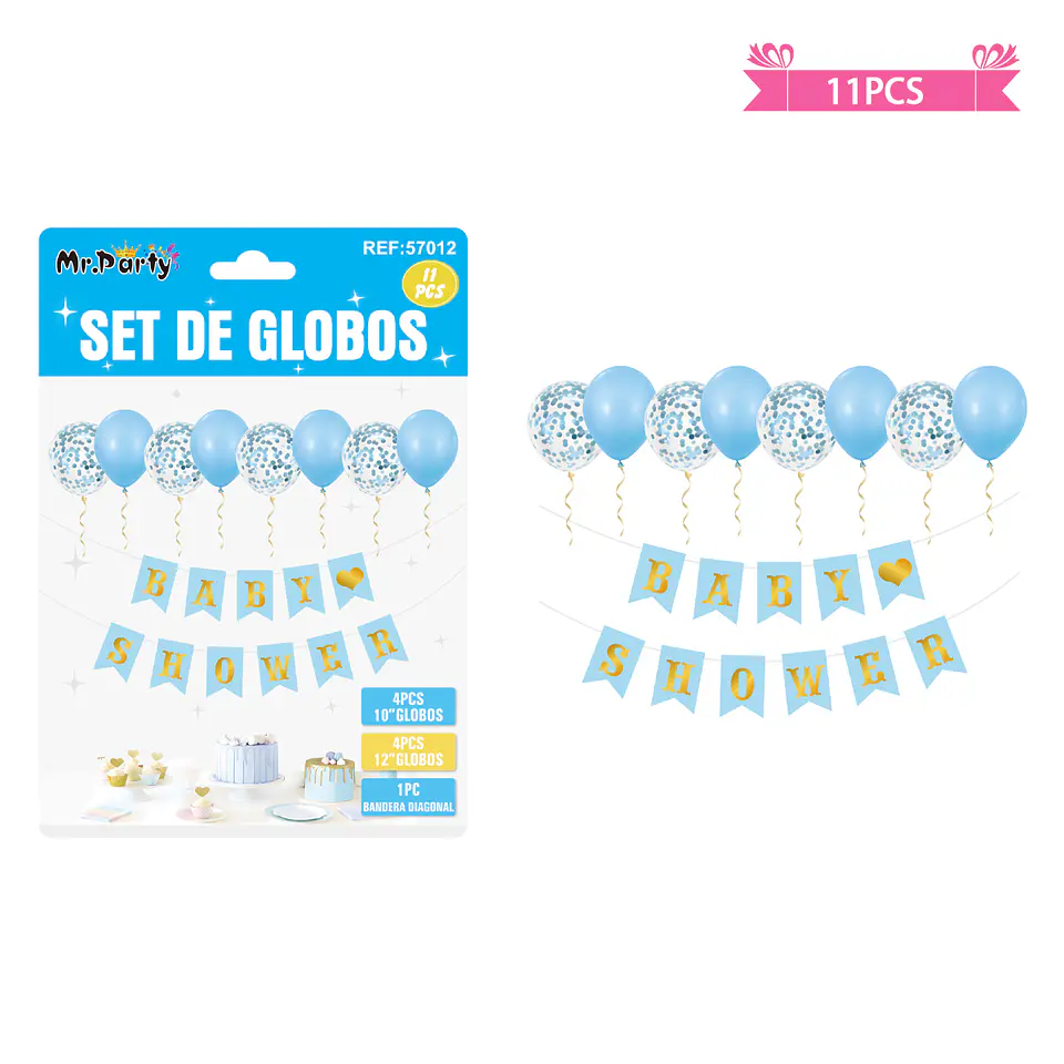 Set de globos látex y guirnalda baby shower celeste 11pcs 1