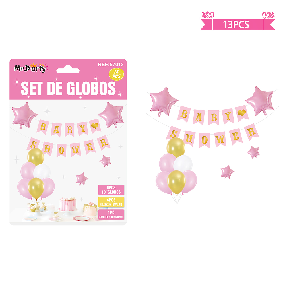 Set de globos látex y guirnalda baby shower rosado 13pcs