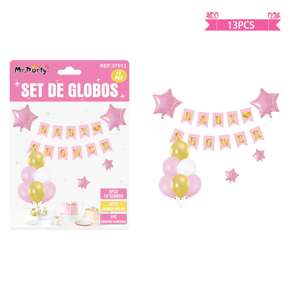 Set de globos látex y guirnalda baby shower rosado 13pcs 1