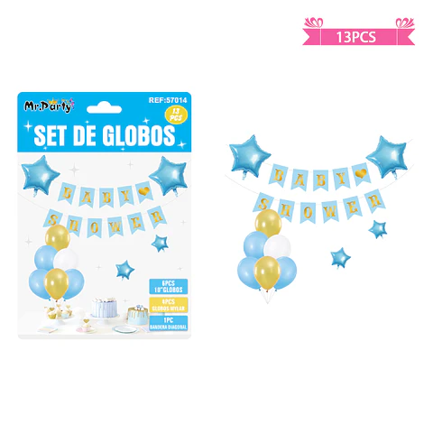 Set de globos látex y guirnalda baby shower celeste 13pcs