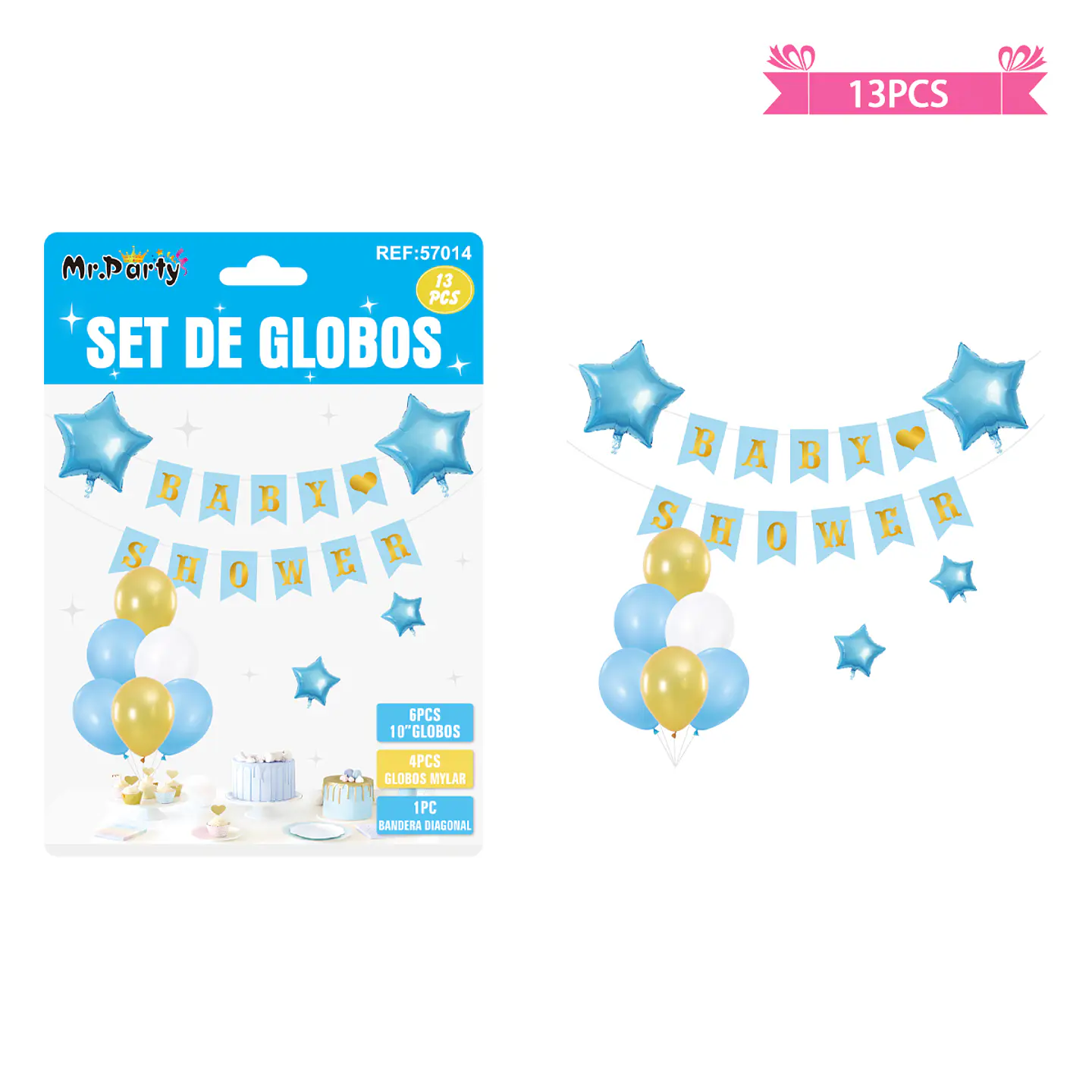 Set de globos látex y guirnalda baby shower celeste 13pcs 1