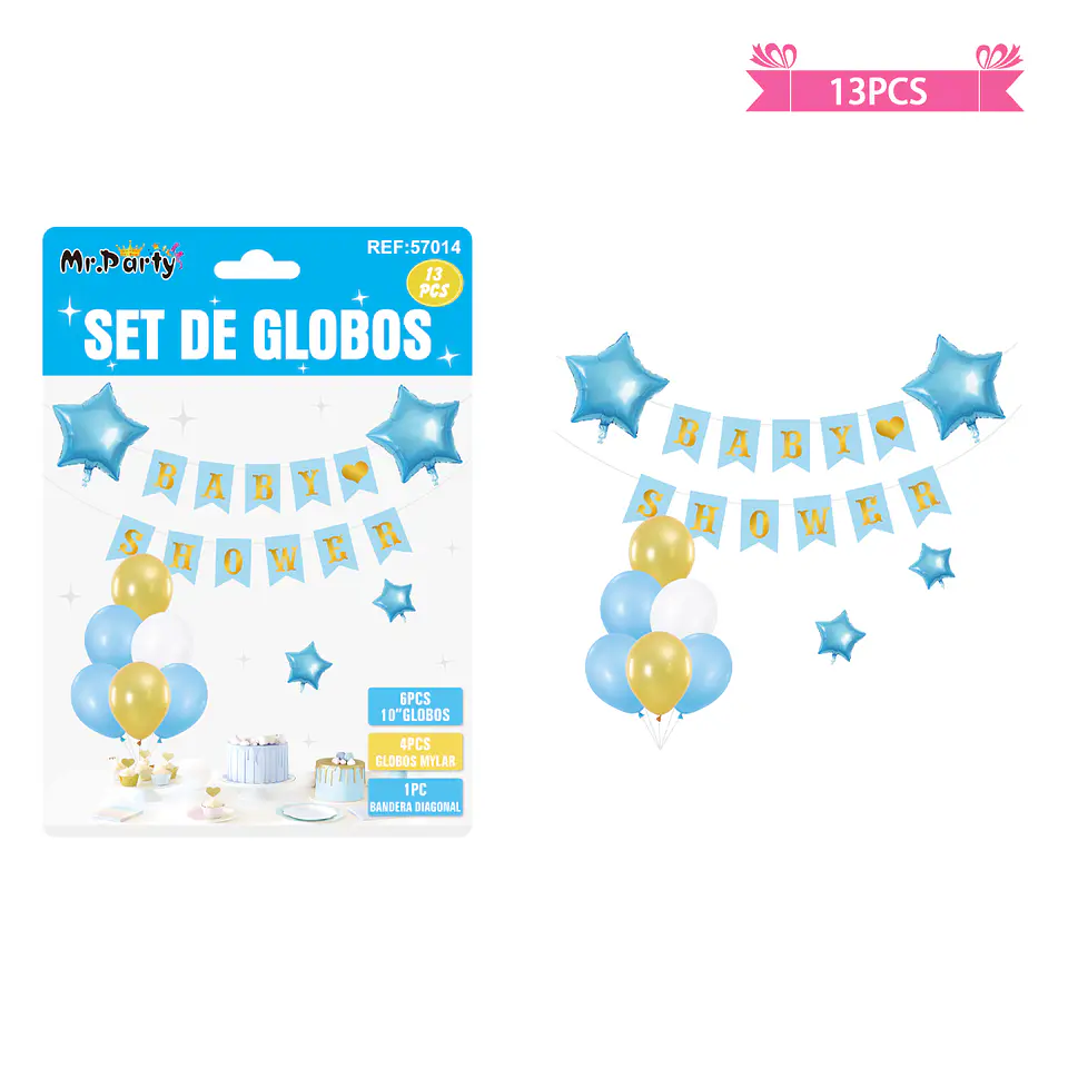 Set de globos látex y guirnalda baby shower celeste 13pcs 1